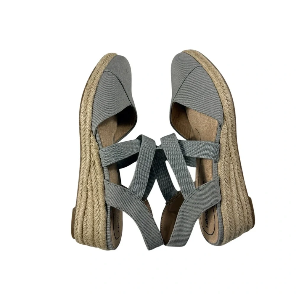 LifeStride Kimmy Grey Fabric Espadrille Wedge Sandals Womens 7W Round Toe Casual